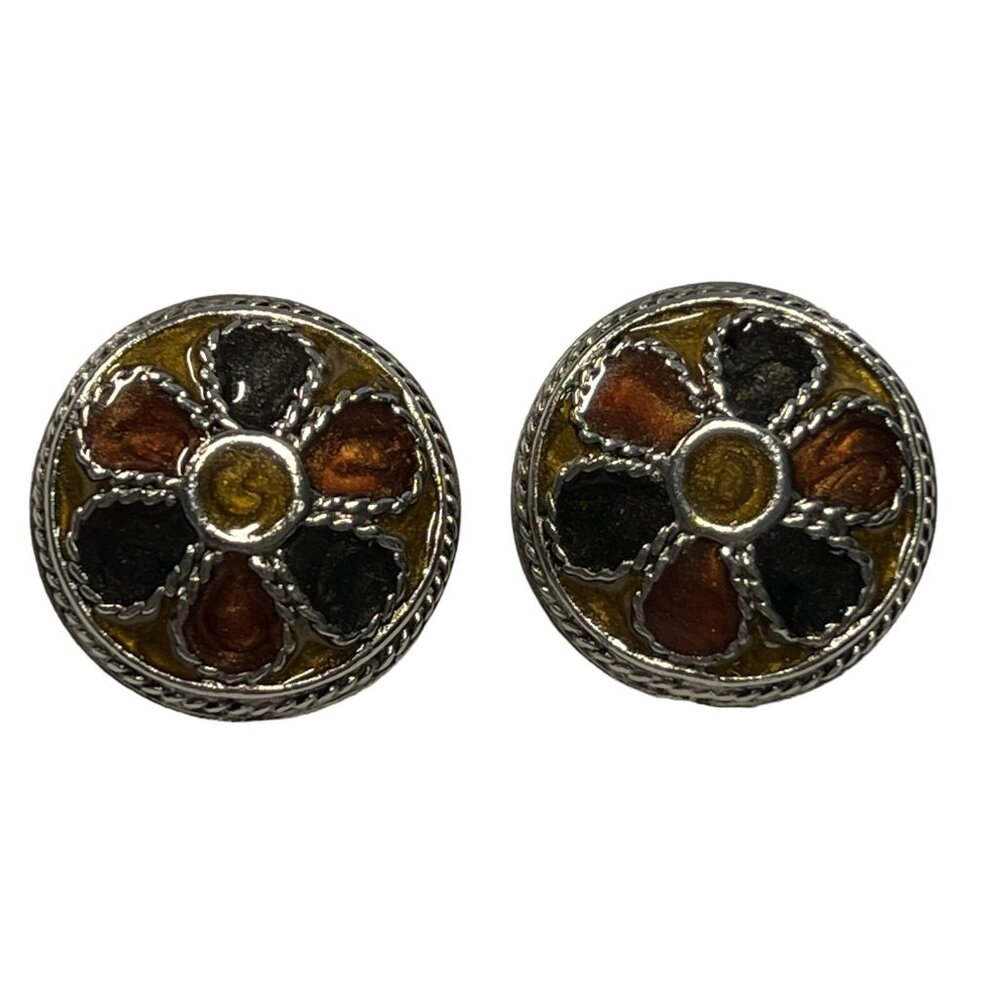 Vintage Clip On Earrings Silver Tone Enamel Disk Button Brown Orange Made in USA